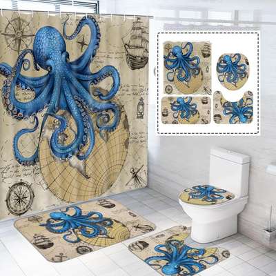 Nautical Navy Blue Shower Curtain Rings Set for Bathroom Decor.